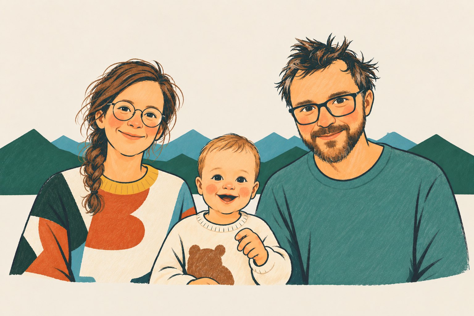 Gezeichnetes Bild: Familie Sinnegger vor einer Bergsilhouette.
